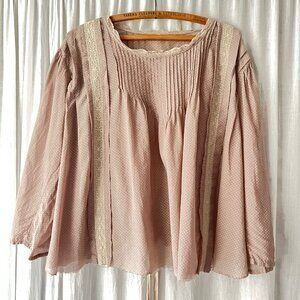 Magnolia Pearl Mauve Polka Dot Print Print Tie Back Lace Long Sleeve Blouse